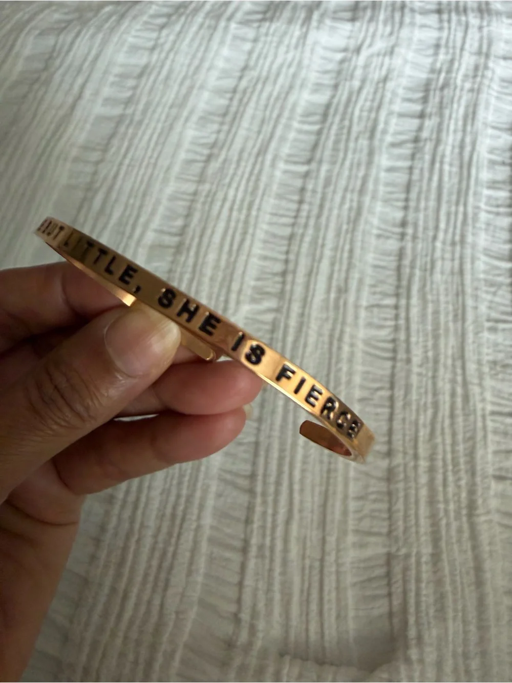 Rose Gold Inspirational Cuff Bracelet – “Though She Be But Little, She Is Fierce